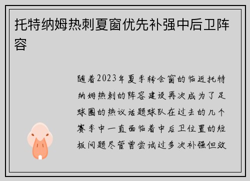 托特纳姆热刺夏窗优先补强中后卫阵容 托特纳姆热刺夏窗优先补强中后卫阵容