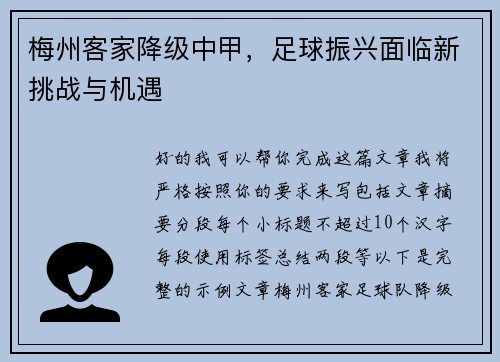 梅州客家降级中甲,足球振兴面临新挑战与机遇 梅州客家降级中甲,足球振兴面临新挑战与机遇